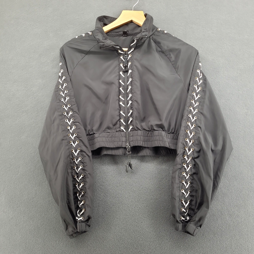 Adam Selman Sport Jacket Cropped Windbreaker Black Lace Up Y2K Womens M READ